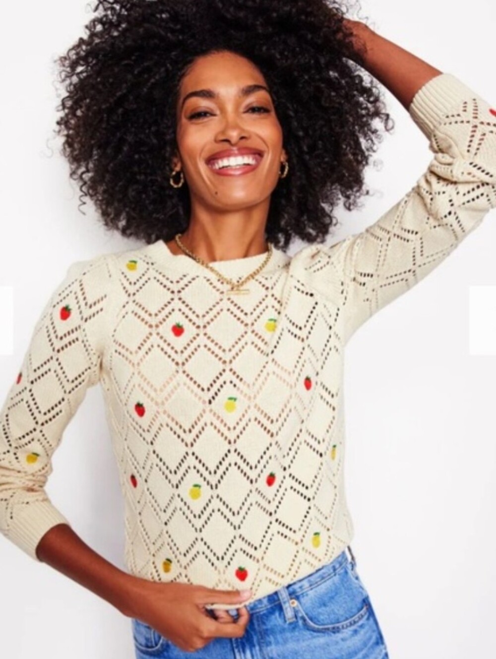 Boden Women’s Enid Sweater Crew Neck Pullover Ivory Embroidered Fruit Sz S *NWOT